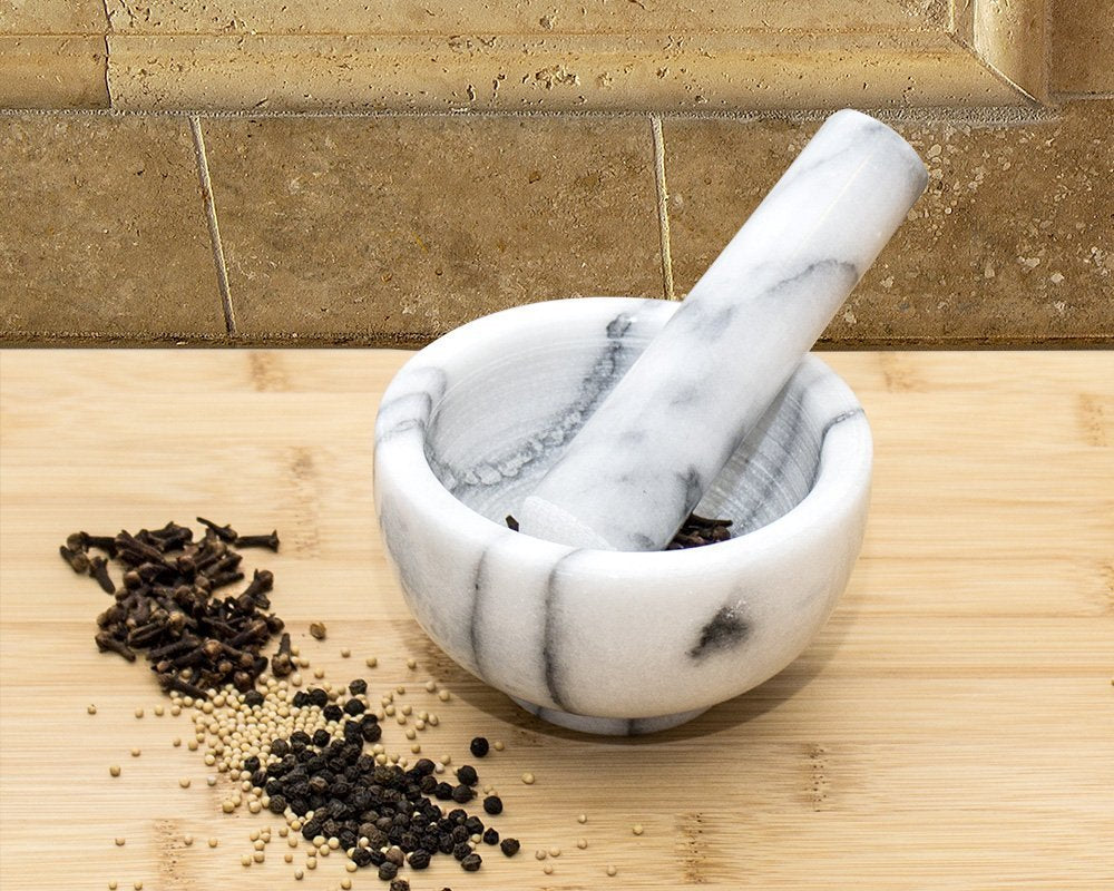 Greenco Mortar and Pestle Set, White Marble Stone Mortar and Pestle Grinding Bowl, Small 4.5 Inches, Kitchen Essential for Spices, Guacamole and More