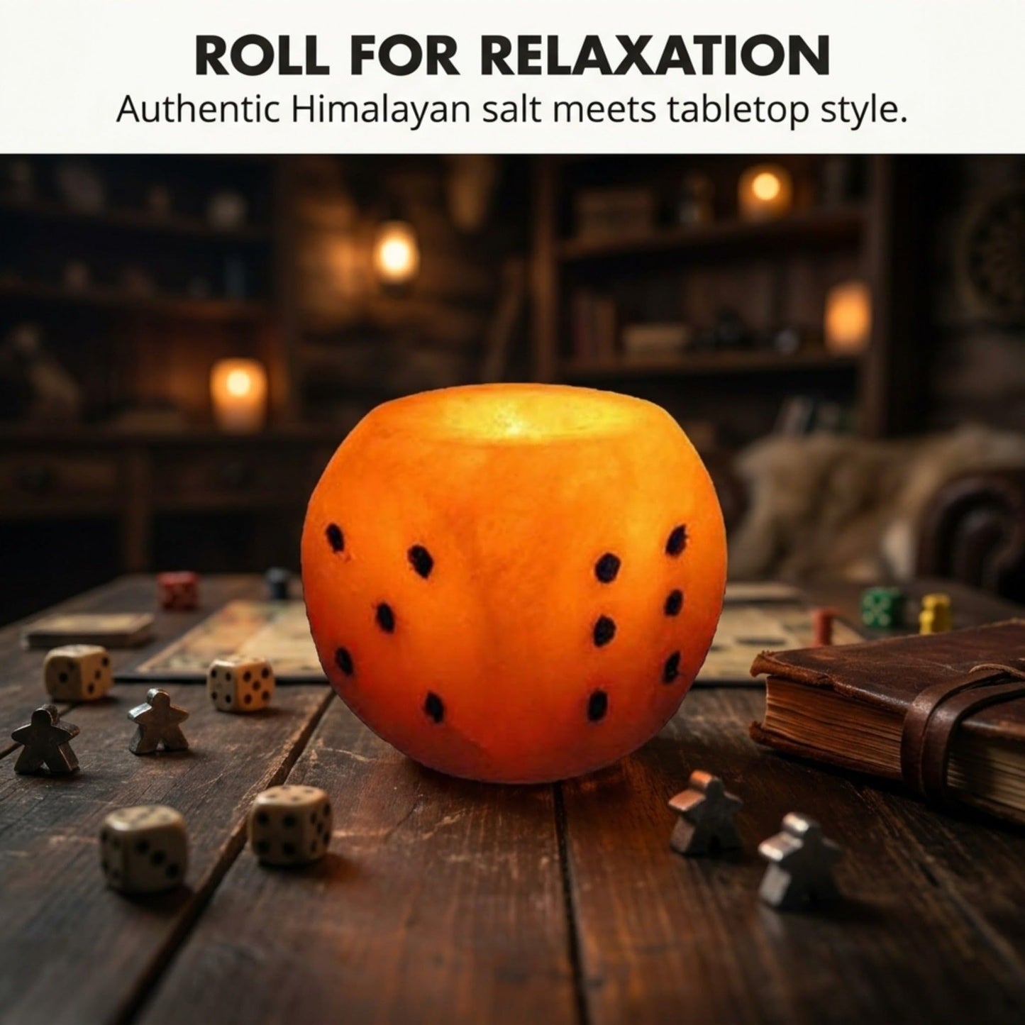 Himalayan Rock Salt Natural Crystal Game Dice Style Candleholder, Game Dice - Soft Calm Therapeutic Candle Light - Handcrafted Design Salt Crystal - Candleholder, Dark Orange Hue