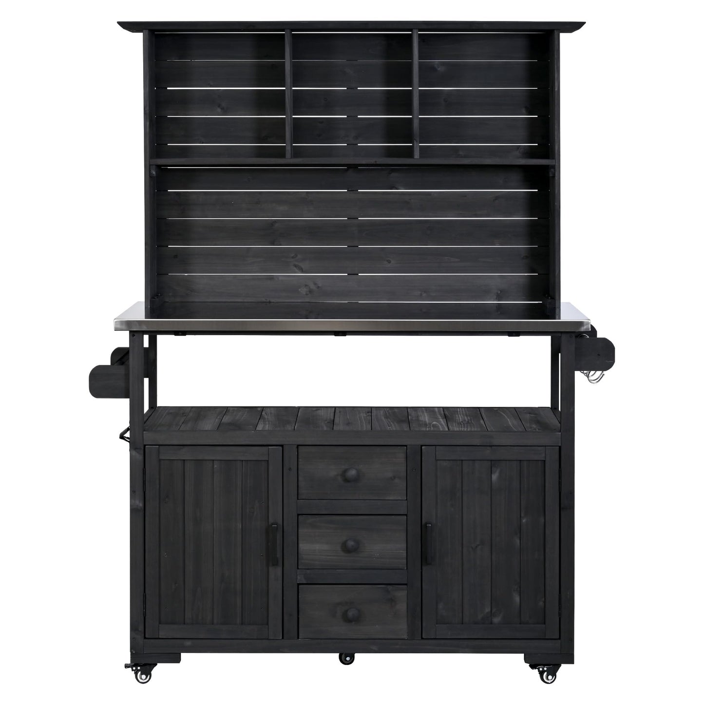 GDFStudio Preden Outdoor Storage Bench Table with Cabinet, Patio Wooden Potting Bench, Garden Storage Work Bench with Stainless Steel Top, Drawers, Cabinets, Shelves and Hooks, Kitchen Island, Black