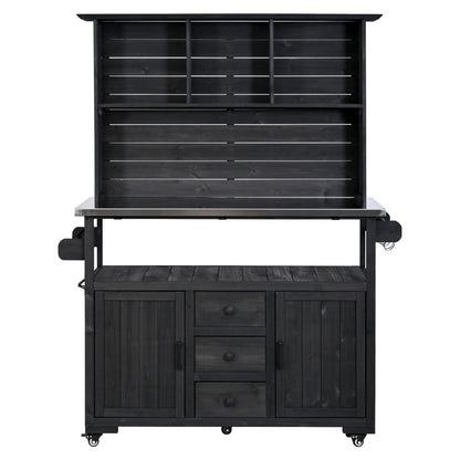 GDFStudio Preden Outdoor Storage Bench Table with Cabinet, Patio Wooden Potting Bench, Garden Storage Work Bench with Stainless Steel Top, Drawers, Cabinets, Shelves and Hooks, Kitchen Island, Black