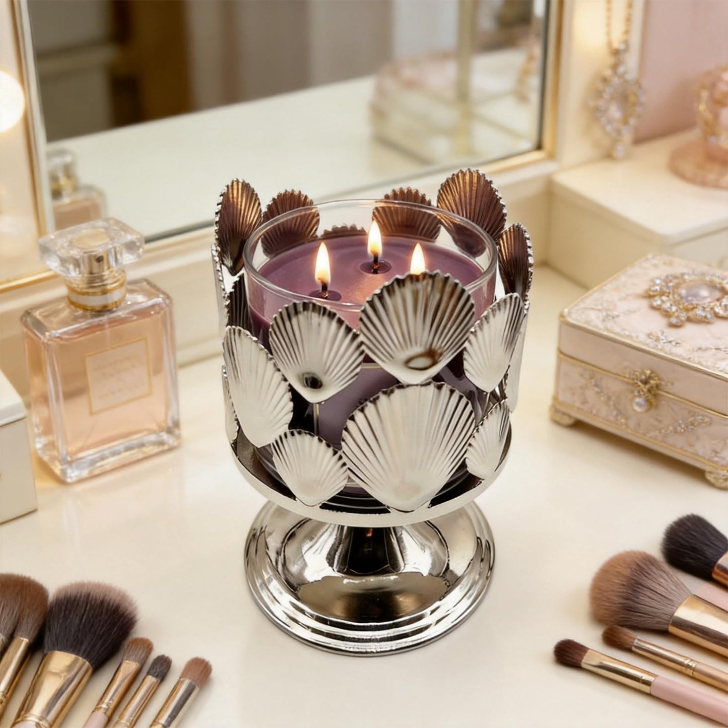 Silver Shell Pattern 3 Wick Candle Holder, Fits 4 Inch Diameter Jar Candles, 4.3" D x 5.9" H Decorative Candle Stand for Home, Living Room, Bedroom, Office & Gifting