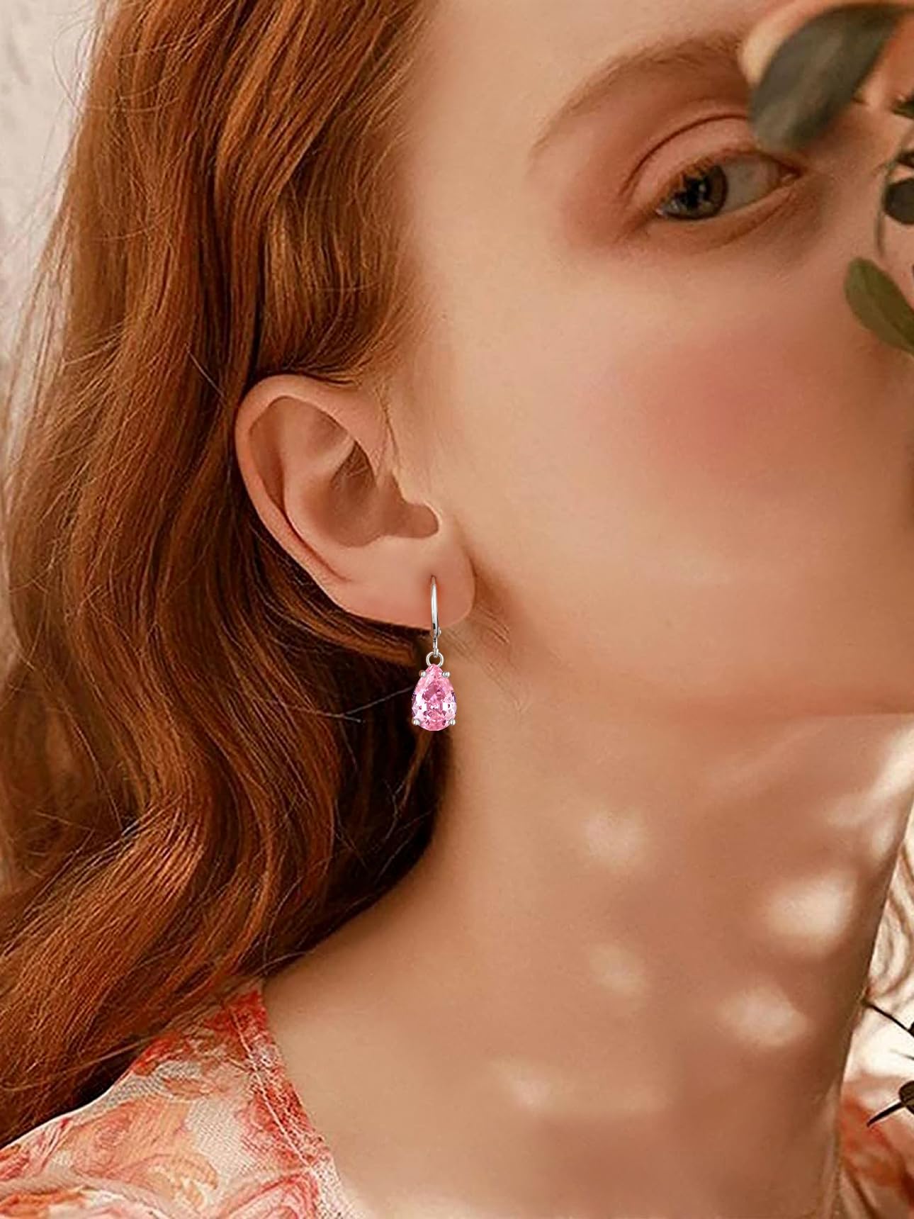 Bestyle Silver Pink Tourmaline Drop Earrings | Hypoallergenic Silver Huggie Hoop Leverback Earrings | Small Sparkle Teardrop October Birthstone Dangle Earrings For Women