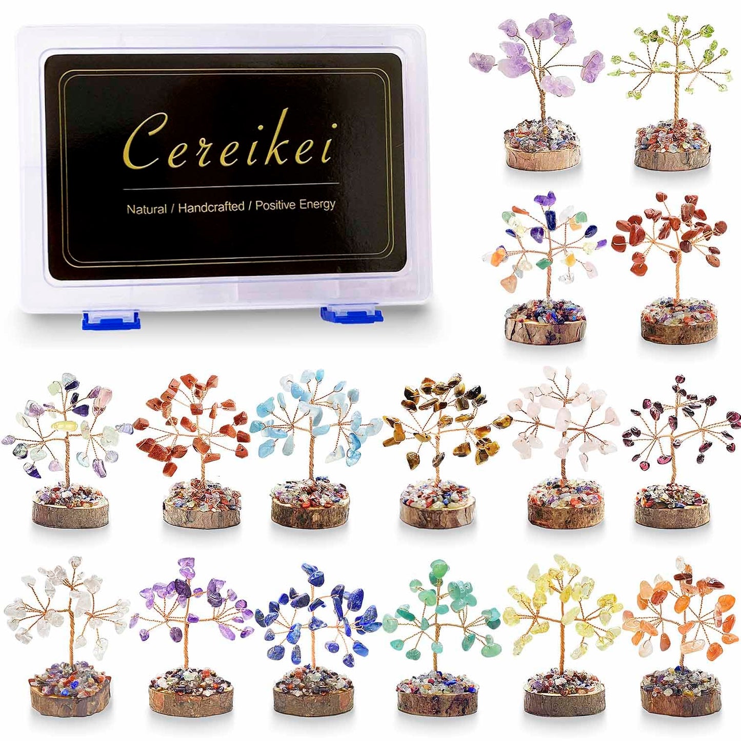 Cereikei 7 Chakra Healing Crystal Tree of Life, Set of 16 Handcrafted Crystals and Healing Stones Trees Collection, Home and Office Feng Shui Decor, Real Natural Crystal Tree Set with Info Guide