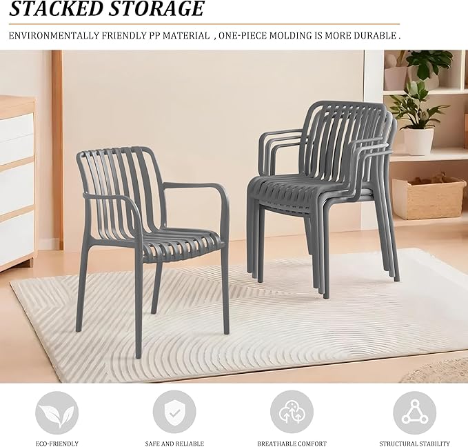 Patio Dining Chairs Set of 4, All-Weather Outdoor and Indoor Stackable Chairs with Curved Back, Waterproof for Patio, Deck, Porch, Backyard, Restaurant & Cafe Use, Grey