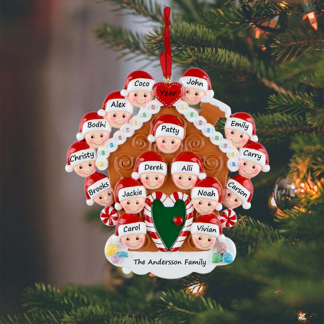 Personalized Family Christmas Ornament 2026 - Gingerbread House Family of 16 Christmas Ornament, Large Candy Cane Tree Decoration Gift for Grandkids, Parents & Extended Relatives Holiday Keepsake