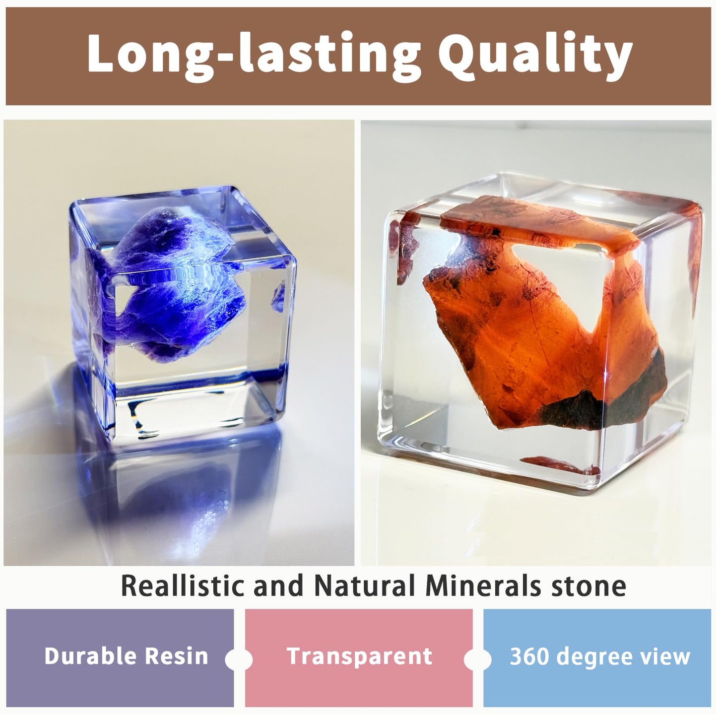 Crystal Specimen in Resin Cube - 6 Minerals Amethyst Lapis Lazuli for Geology Classroom STEM Education Healing Crystals Collection Display Gift 1.38×1.38×1.38inch