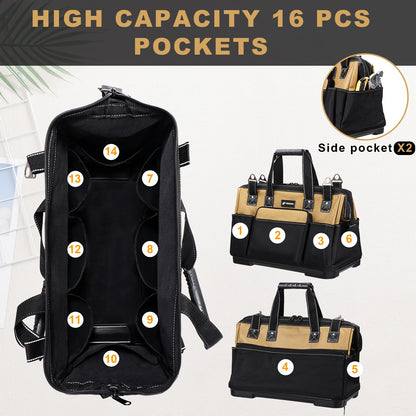 VSHXENG 17 IN Large Tool Bag For Men Heavy Duty, Drill Bag Tool Bag Organizer, Wide Mouth Waterproof Hard Bottom Multiple Pockets Tool Tote, Tool Caddy, Maintenance