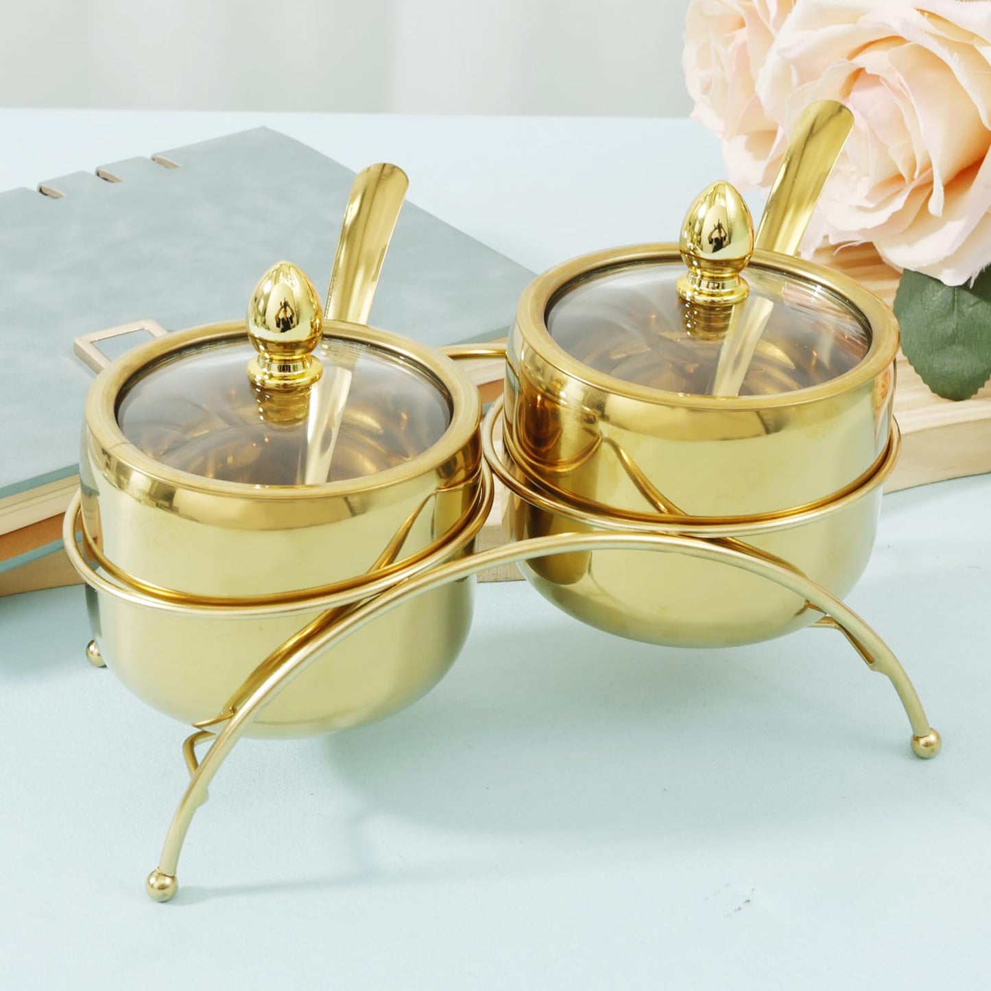 Luxury Gold Sugar Bowl Set with Spoons, 3-Piece Retro 304 Stainless Steel Seasoning Box for Coffee Bar Decor, Elegant Condiment Pots with Clear Glass Lid & Serving Tray for Salt, Candy, Cube Sugar