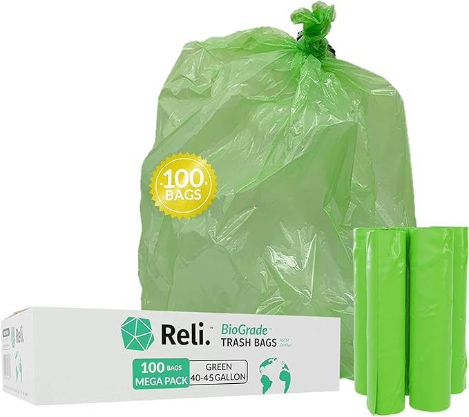 Reli. Biodegradable 40-45 Gallon Trash Bags | 100 Count | ASTM D6954 | Green |