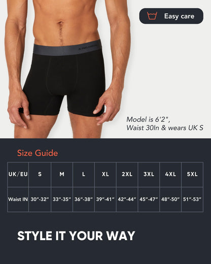 FM London 7-pack Mens Boxers, Tag Free - Cotton Rich, Breathable, Soft and Stretchy Mens Underwear Black