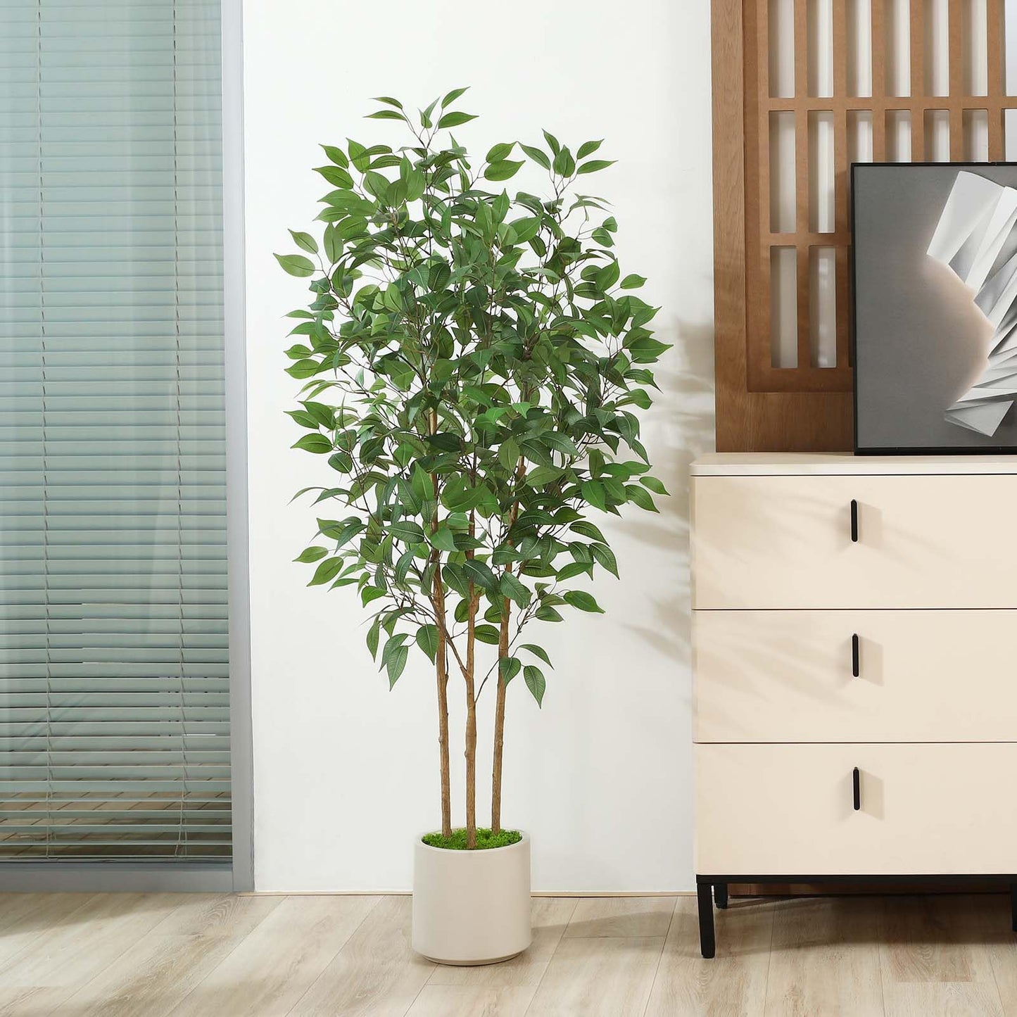 SOGUYI Ficus Artificial Tree 5ft Tall Fake Ficus Tree for Home Decor Indoor Faux Silk Ficus Plant Fake Floor Plant in White Imitation Ceramic Planter with Green Fake Moss, Set of 1