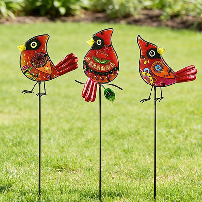 SATHGA Decorative Garden Stakes,Set of 3 Cardinal Stained Glass Metal Yard Art,Waterproof Outdoor Decor Housewarming Present for Women Mom Grandma