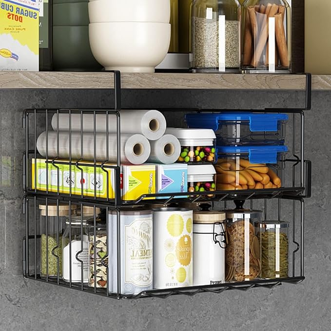 Hanging Under Shelf Storage Basket, 2 Pack Foldable Under Cabinet Metal Desk