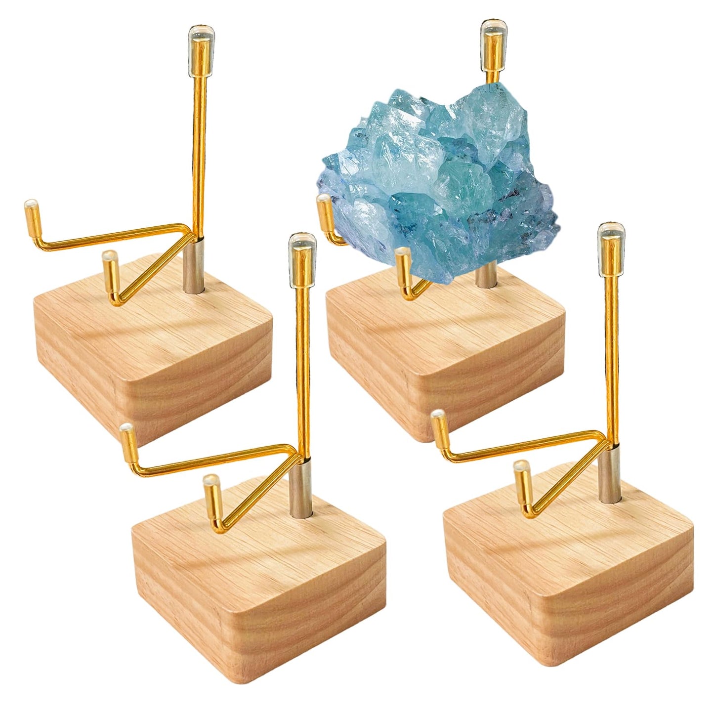 4 Pcs Rock Display Stand Crystal Display with Wooden Base Adjustable Metal Arms Display Easels for Gemstones Fossils Minerals Agate Slabs Plates Crystals Small Collectibles Display Stands,1.97 x 1.97 x 3.94 Inch