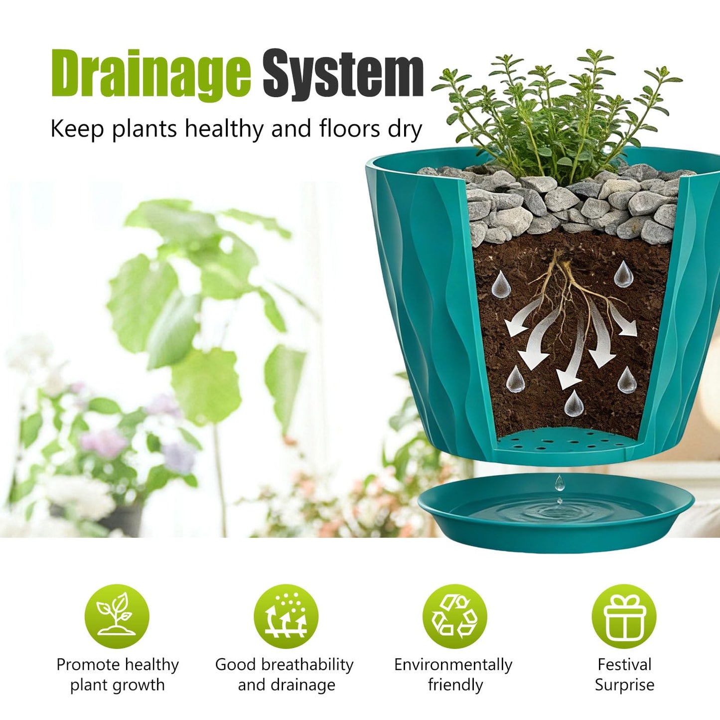 SQKH 8 Inch Plastic Plant Pots,Set of 5 Flower Pots,Planters with Drainage Holes & Saucers, Indoor Outdoor Garden Pots for Home Decor(Blue-Green)