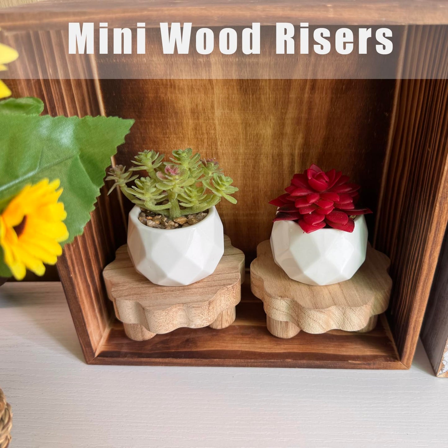 DEMULANS 3 Pack Small Scalloped Wood Risers for Display ,Mini 4 Inch Wooden Stands with Removable Feet Farmhouse Rustic Decor for Table Tiered Trays Home Kitchen Decoration (mini Light Brown, 4 Inch)
