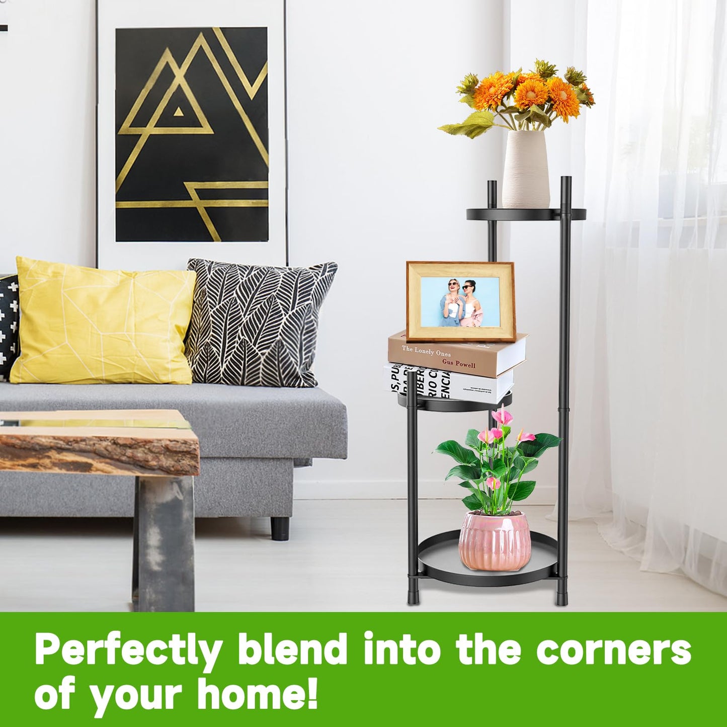 MeyRolizn 3-Tier Metal Plant Stand for Indoor & Outdoor, Heavy Duty Corner Flower Shelf Display Rack for Living Room Balcony Patio Garden Bedroom Classroom Black (Black-B)