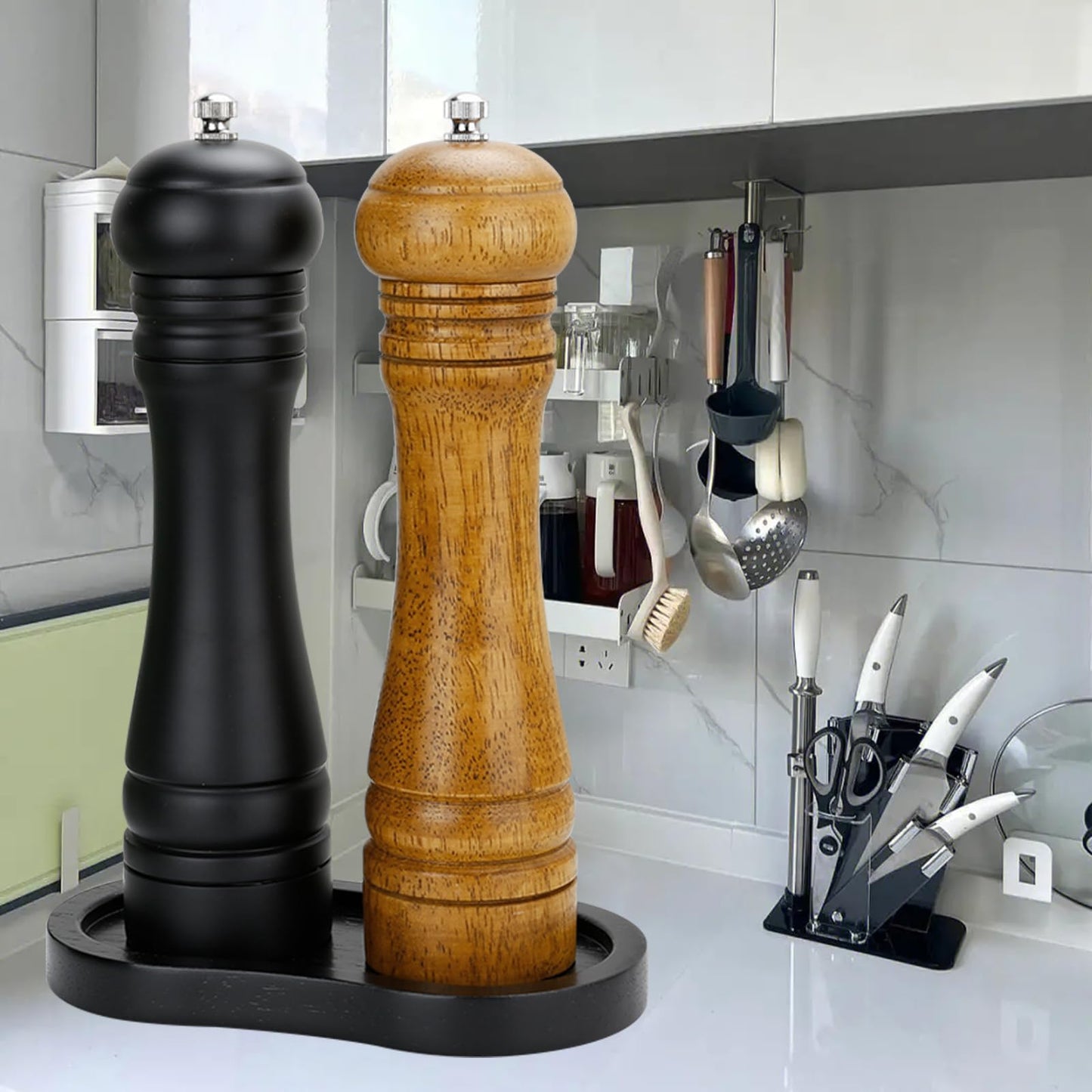 BINHAI Black Wooden Pepper Grinder Tray – Stylish Holder for Salt and Pepper Shakers – Countertop & Tabletop Protector for Kitchen & Dining (Mill Not Included)