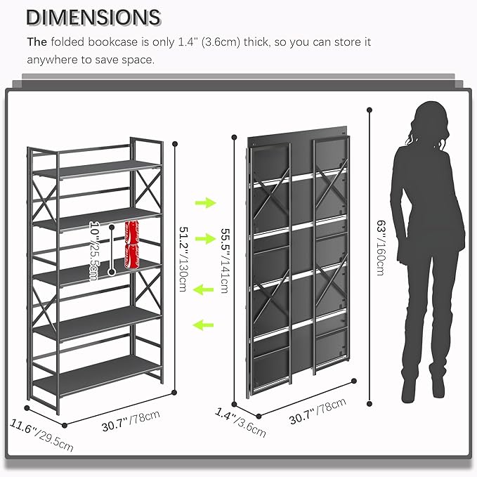 4NM Extra Wide 5 Tiers No Assembly Book Shelves, 51.2" H Folding Bookshelf