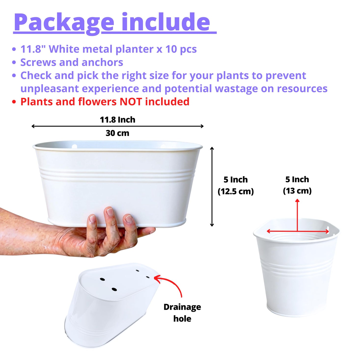 LaLaGreen Wall Planter Outdoor Plants (11.8 Inch, 10 Pack) White Metal wall Decor Flower Planter Balcony Home Decor Modern Hanging Plant Planters Indoor Window Herbs Garden Drainage Yard Pot
