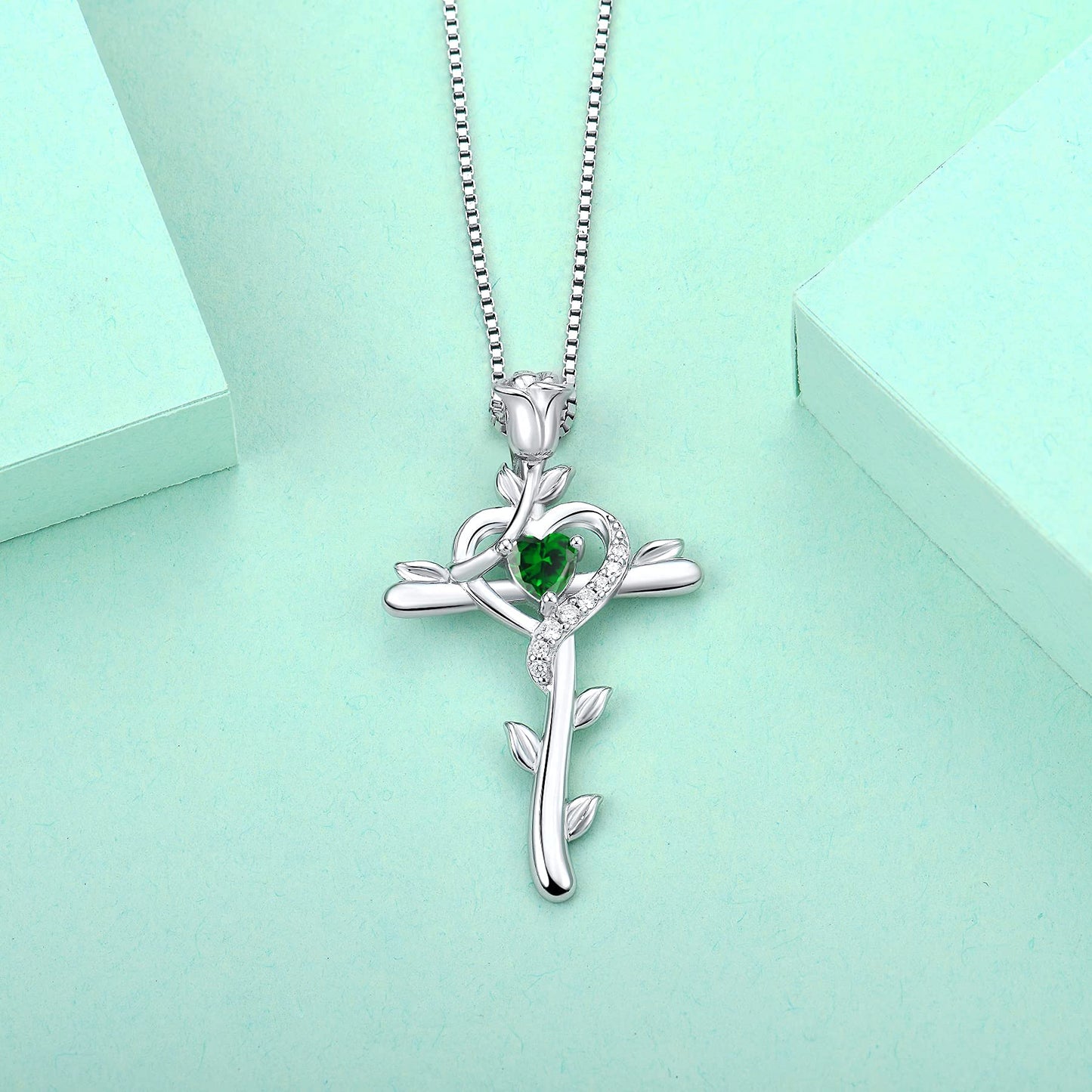 STARCHENIE Rose Cross Necklace 925 Sterling Silver Heart Crucifix Pendant Created Emerald Jewelry for Women