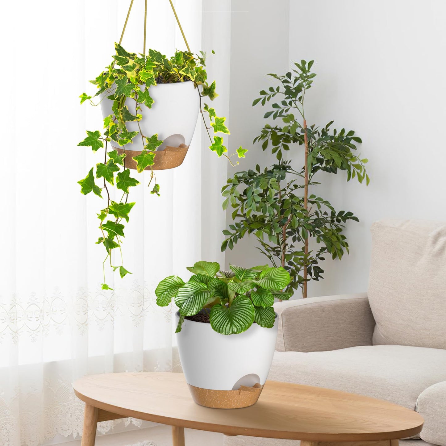ZMTECH 10 Inch Hanging Planters for Indoor Outdoor Plants, 2 Pack Self Watering Hanging Plant Pots with Drainage Holes and Removable Saucer, Plastic Flower Hanging Pots with Watering Lip (White)