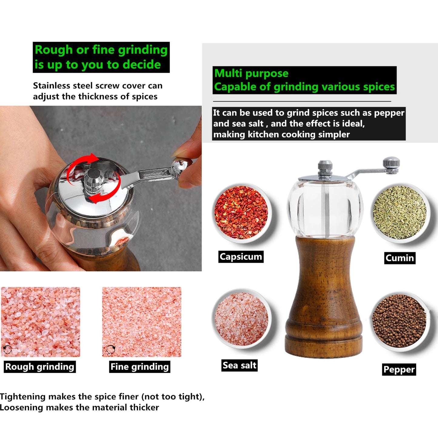 VEIZIBEE Pepper Mill Set Manual Pepper Mills Classical Hand Shake Wooden Pepper Grinder Set Salt Mills Wooden Pepper Mill Ceramic Blades Metal Handle, Enjoy Fresh Ground Pepper (Walnut color 2pcs-5in)