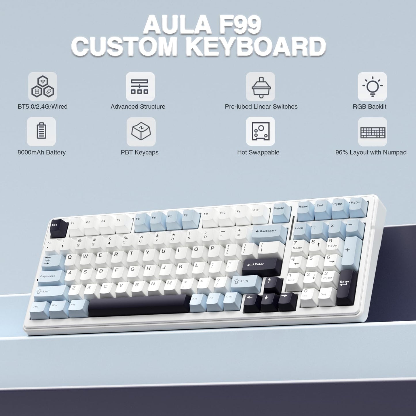 AULA F99 Wireless Mechanical Keyboard,Tri-Mode BT5.0/2.4GHz/USB-C Hot Swappable Custom Keyboard,Pre-lubed Linear Switches,RGB Backlit Computer Gaming Keyboards for PC/Tablet/PS/Xbox