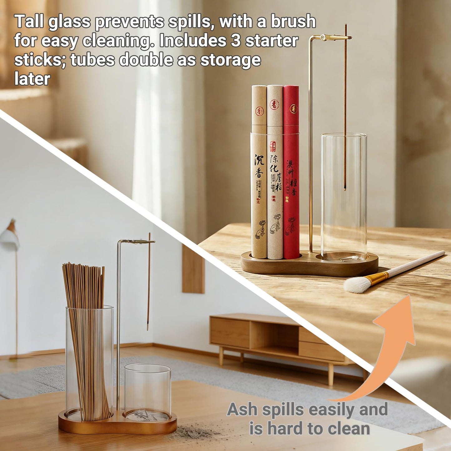 Crastilior Glass Incense Holder with ash Catcher Upside Down Incense Sticks Burner Holder 2 in 1 Incense Sticks Holder for Meditation Yoga Spa Room Decor(Brown)