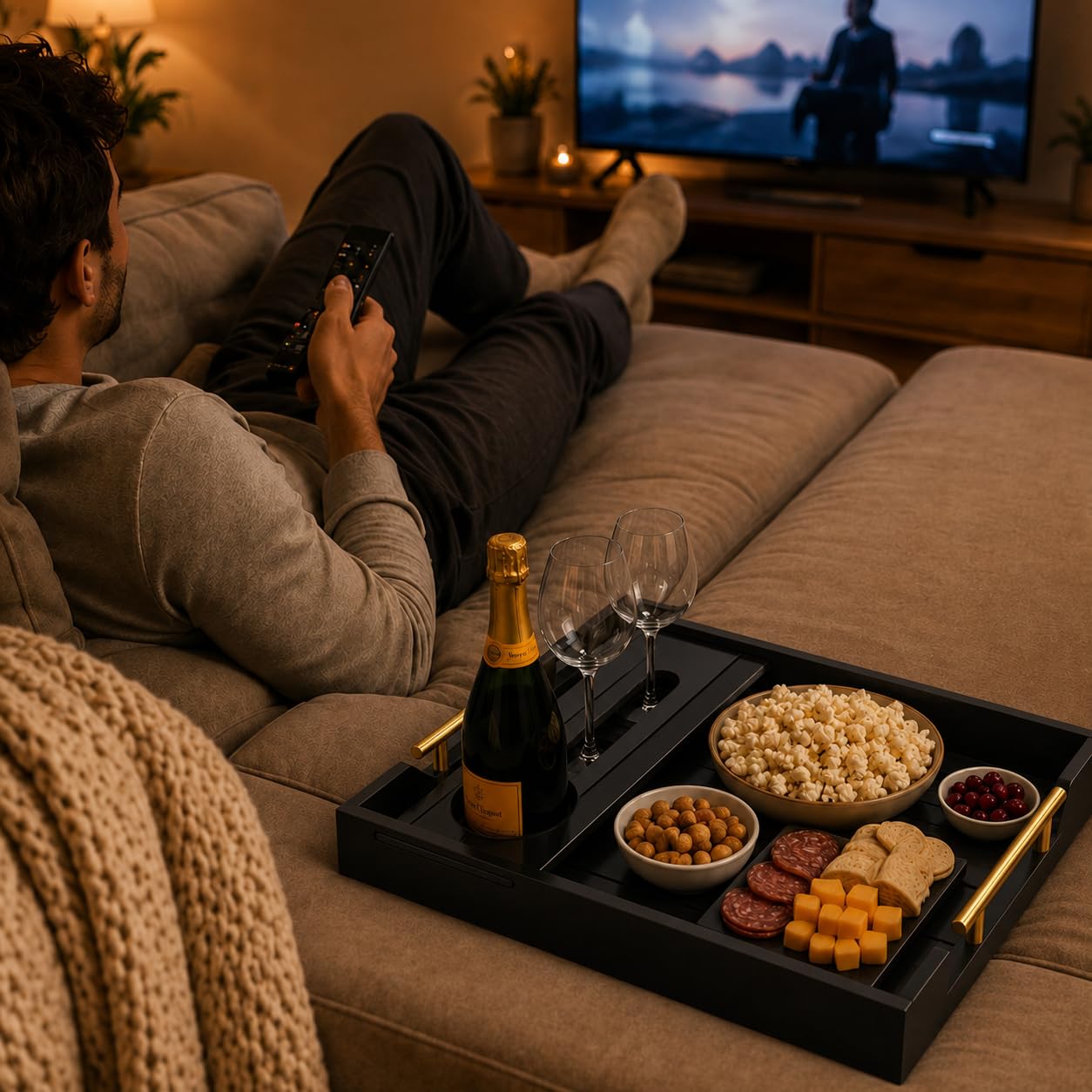 Black Wood Serving Tray with Removable Wine Glass Holder, Couch Snack Tray for Movie Night, Sofa, Ottoman, Coffee Table, Wedding and Housewarming Gift
