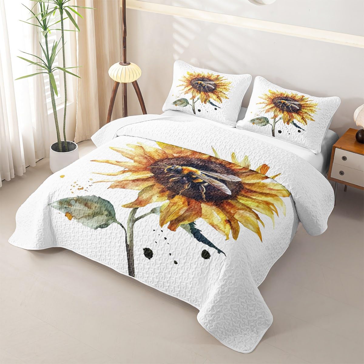 Erosebridal Sunflower Quilt Set Full Watercolor Sunflower Bedding Coverlet Garden Fresh Style Bedspread with 2 Pillowcases All Season Girl Women Soft Bed Lightweight Comforter