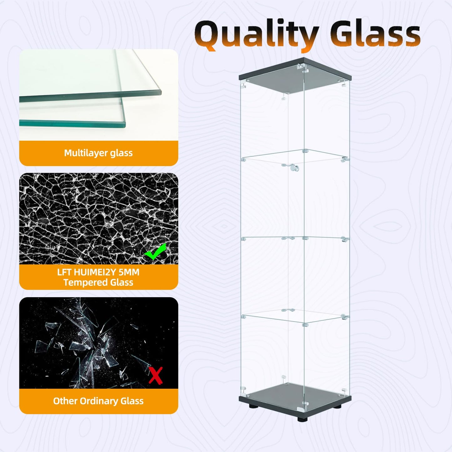 LFT HUIMEI2Y Glass Display Cabinet with Door & Lock, 4-Tier Curio Cabinet for Collectibles, Figures, Wine, Tempered Glass Display Case for Living Room Bedroom Office, 65”x 17”x 14” Black