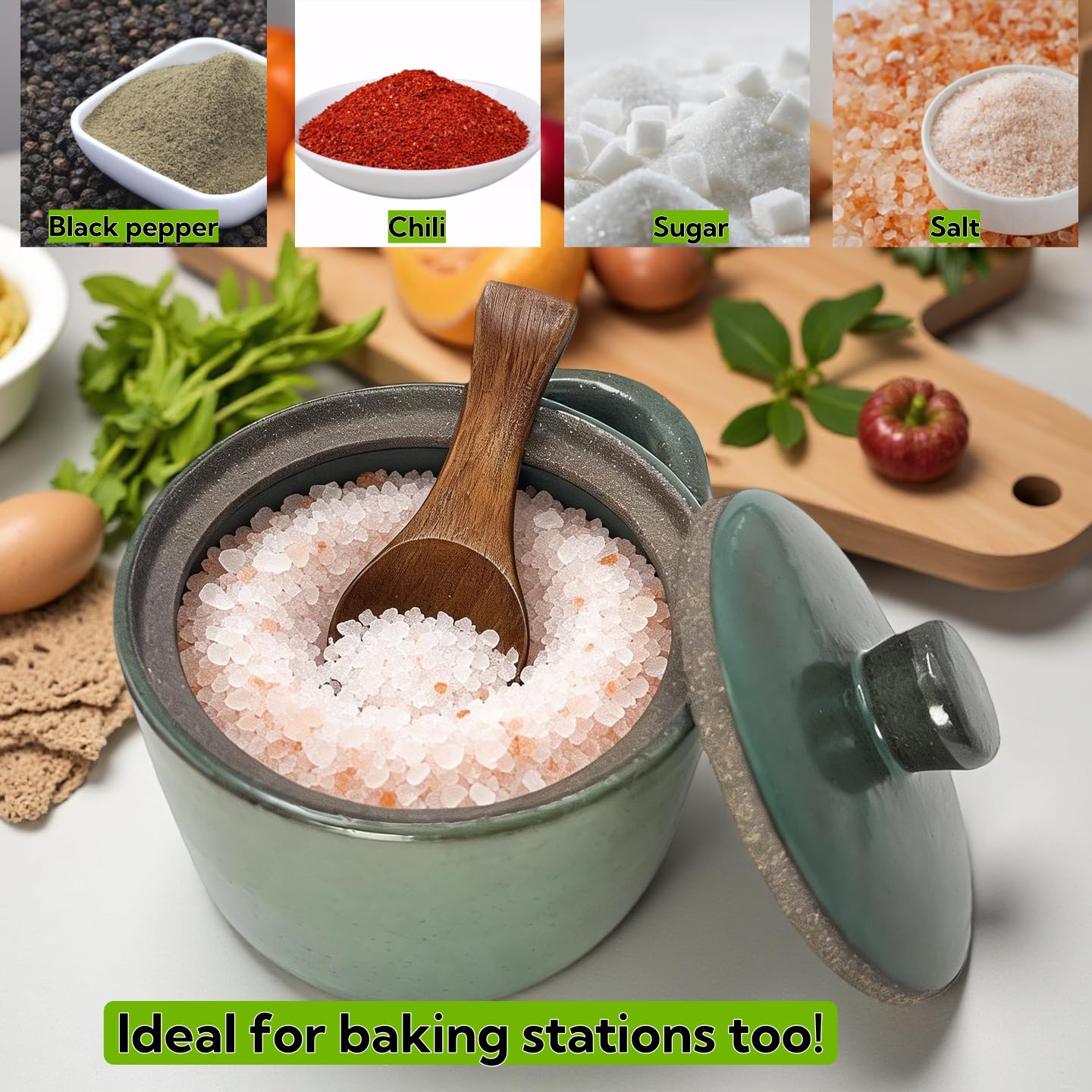 Vziokk Speckled Ceramic Salt Cellar with Lid, Countertop Salt Container, Sugar Bowl, Heavyweight Spices Jar, Rustic Farmhouse Salt Pepper for Storage Powde, Sugar, Salt (Green)