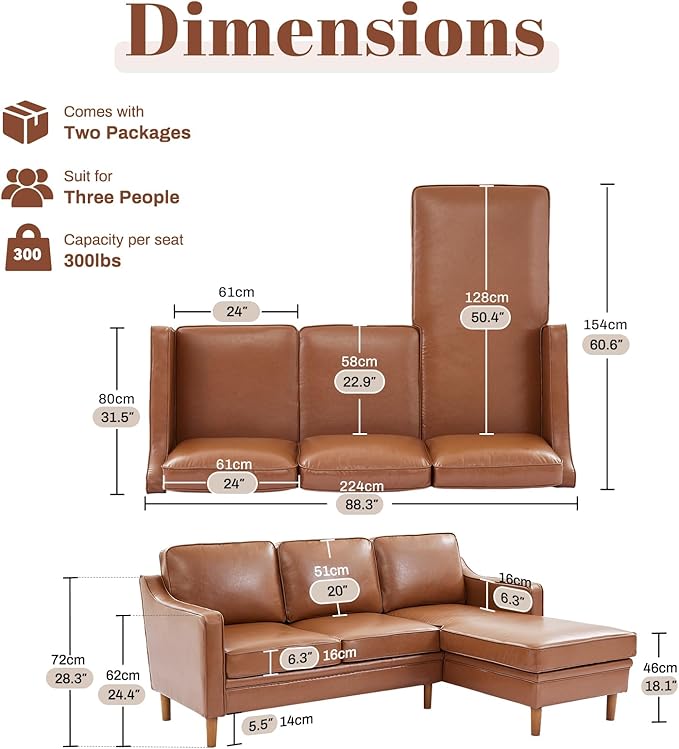 Kingfun 88" L-Shape Sofa, Faux Leather Sectional Couch, Mid Century Modern