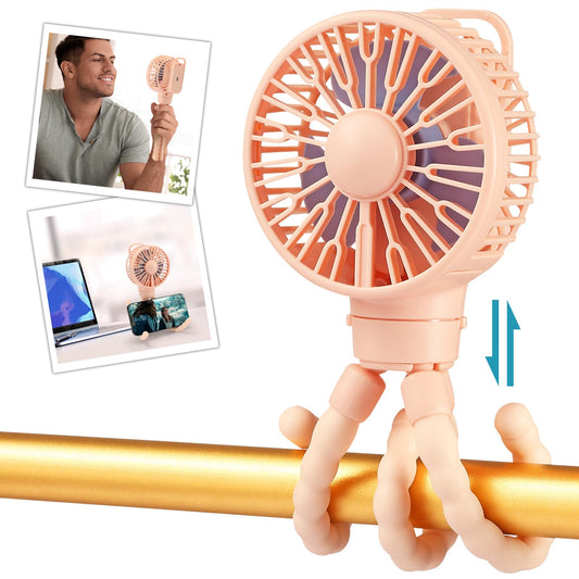 snawowo Mini Portable Stroller Fan, Battery Operated Personal Small Handheld Fan with Flexible Tripod, 3 Speed Rechargeable Clip On for Car Seat Crib Treadmill Travel Camping Pink