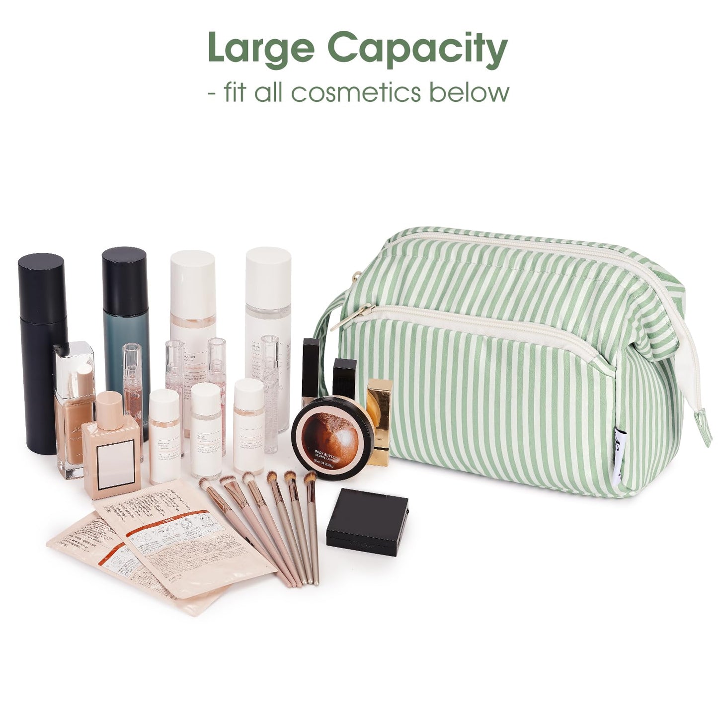 Narwey Large Makeup Bag Wide-Open Zipper Pouch Travel Wash Bag Toiletry Bag Cosmetic Organizer for Women (Mint Green Stripe)