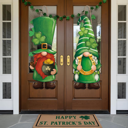 Thyle 2 Pcs Wooden St. Patrick's Day Gnomes Sign 32.3 x 12.2 Inch Irish Hanging Gnomes Front Door Decor Shamrock Lucky Green Hanger for Outdoor Indoor Front Porch Home Wall Supplies