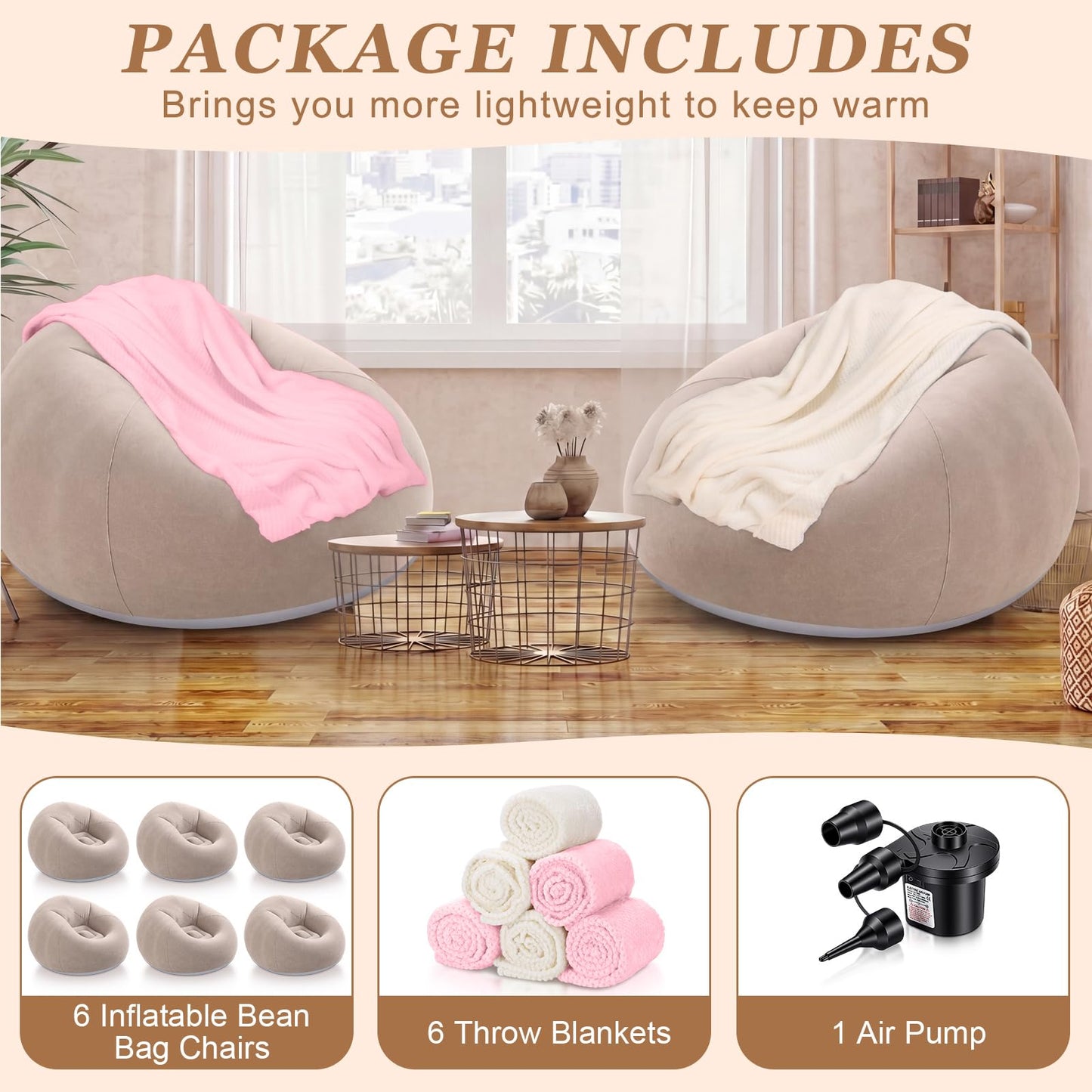 Huwena 12 Pcs Bean Bag Chair Set Include 6 Inflatable Bean Bag Chairs Blow up Sofa 6 Throw Blankets with Air Pump Inflatable Couch Lazy Sofas for Movie Night Camping Outdoor (Coffee)