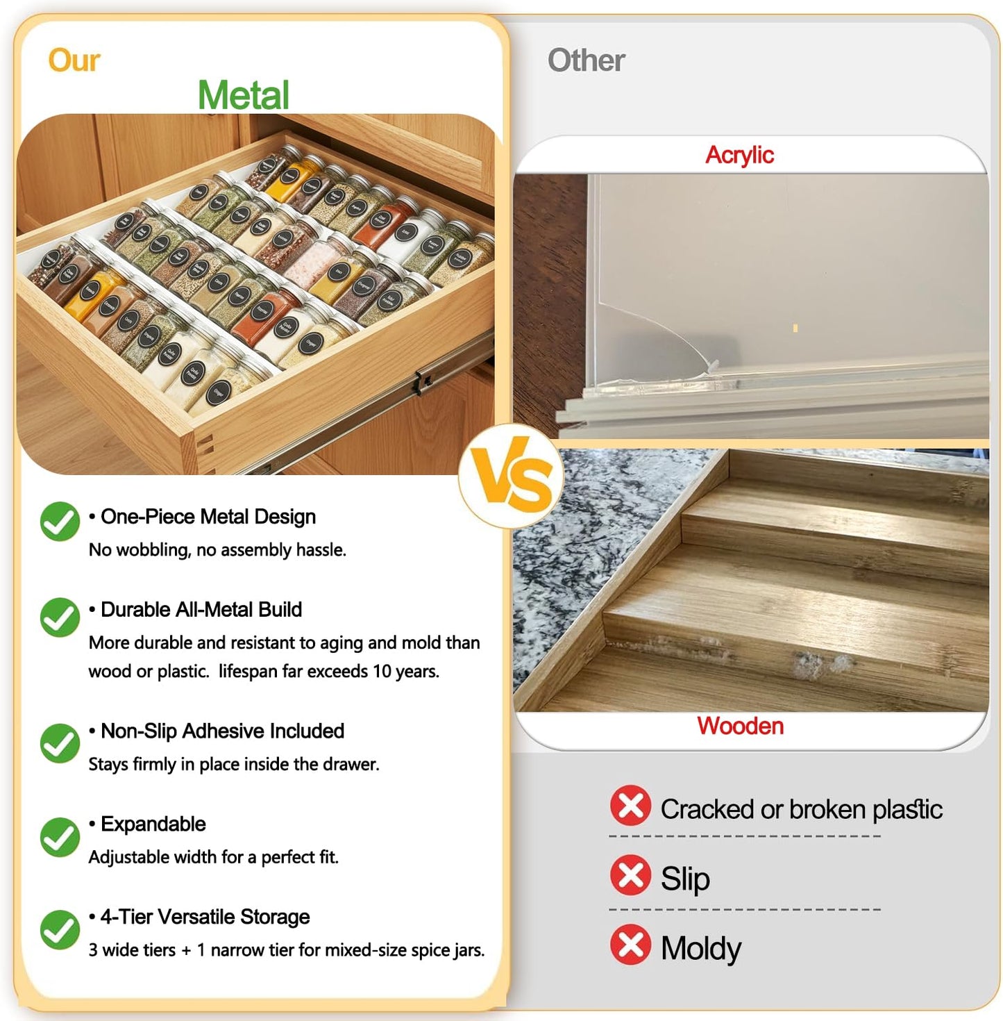 GOENDR Metal Spice Drawer Organizer, 4 Tier Spice Rack for Drawer, Expandable Seasoning Organizer For 11.4-22.8” Wide Drawer, Holds up to 48 Spice Jars (Not Included), White
