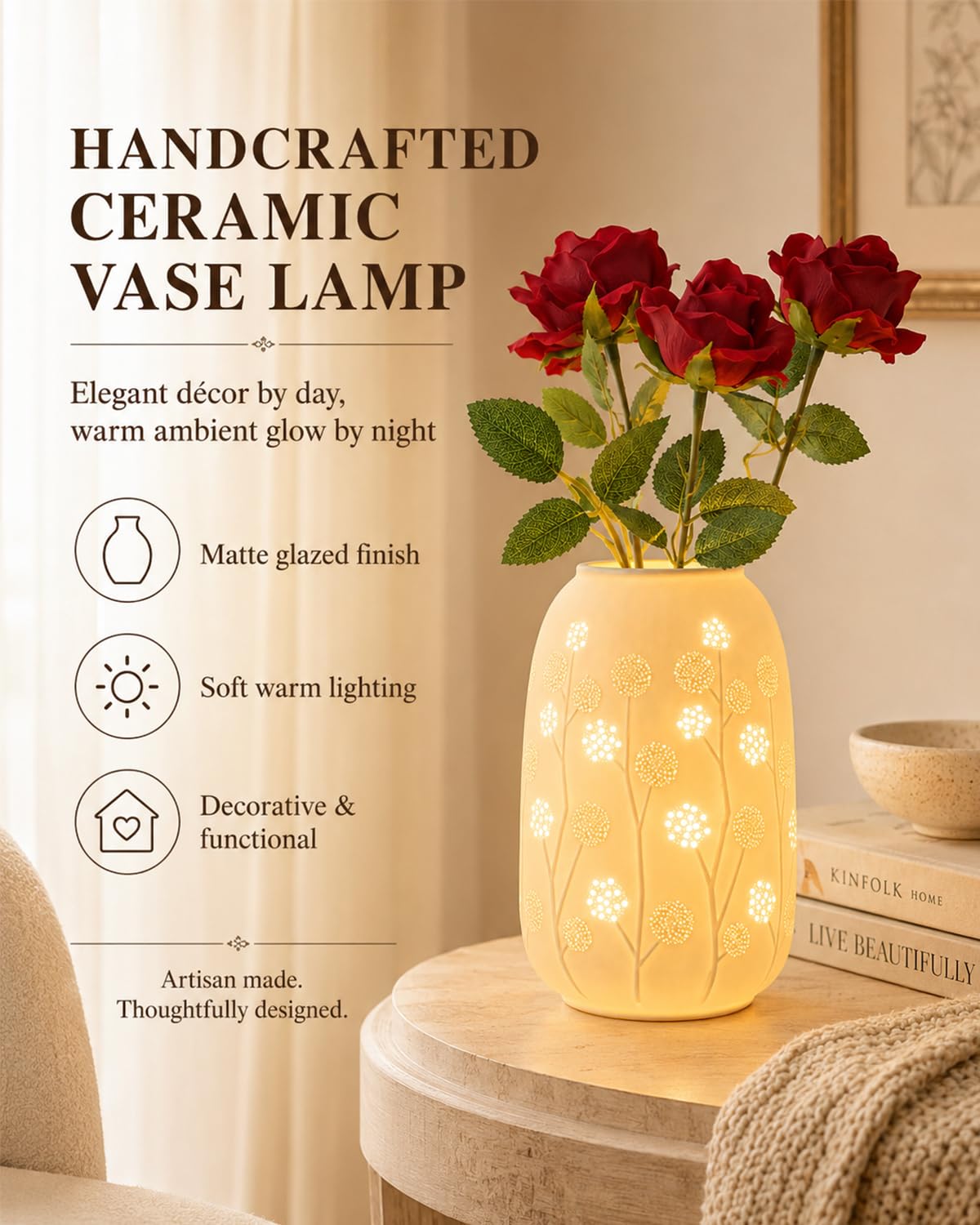 TACAHE Ceramic Vase Table Lamp, 2700K Bulb & 3 Artificial Flowers Included, E12 Socket, Inline Switch, Handmade Openwork Craft, Ambient Light for Living Room Bedroom - Dandelion 9"
