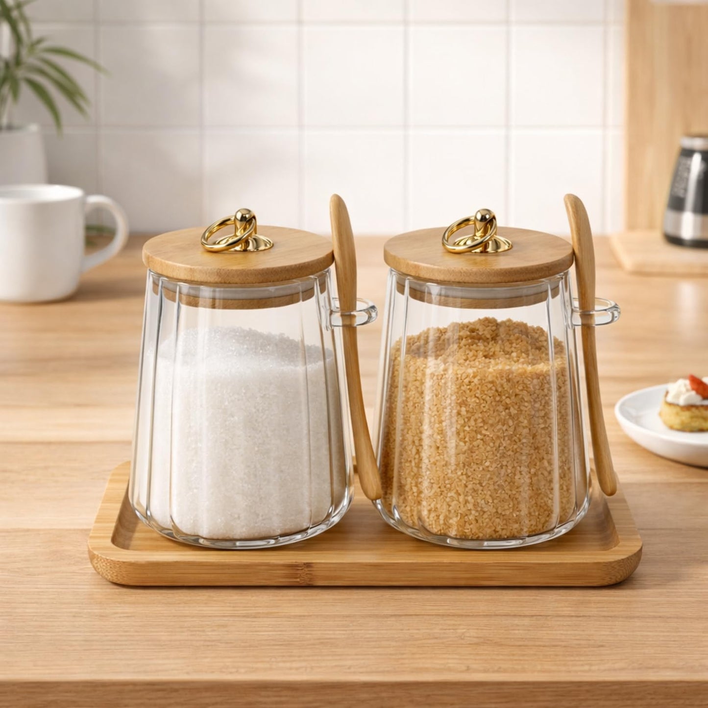 Mowhut Sugar Container,22 FL OZ Airtight Sugar Bowl,Coffee Bar Accessories,Overnight Oats Salt Cookie Coffee Bean Candy Containers with Bamboo Lids Spoon and Pallet,Wide Mouth Glass Jar