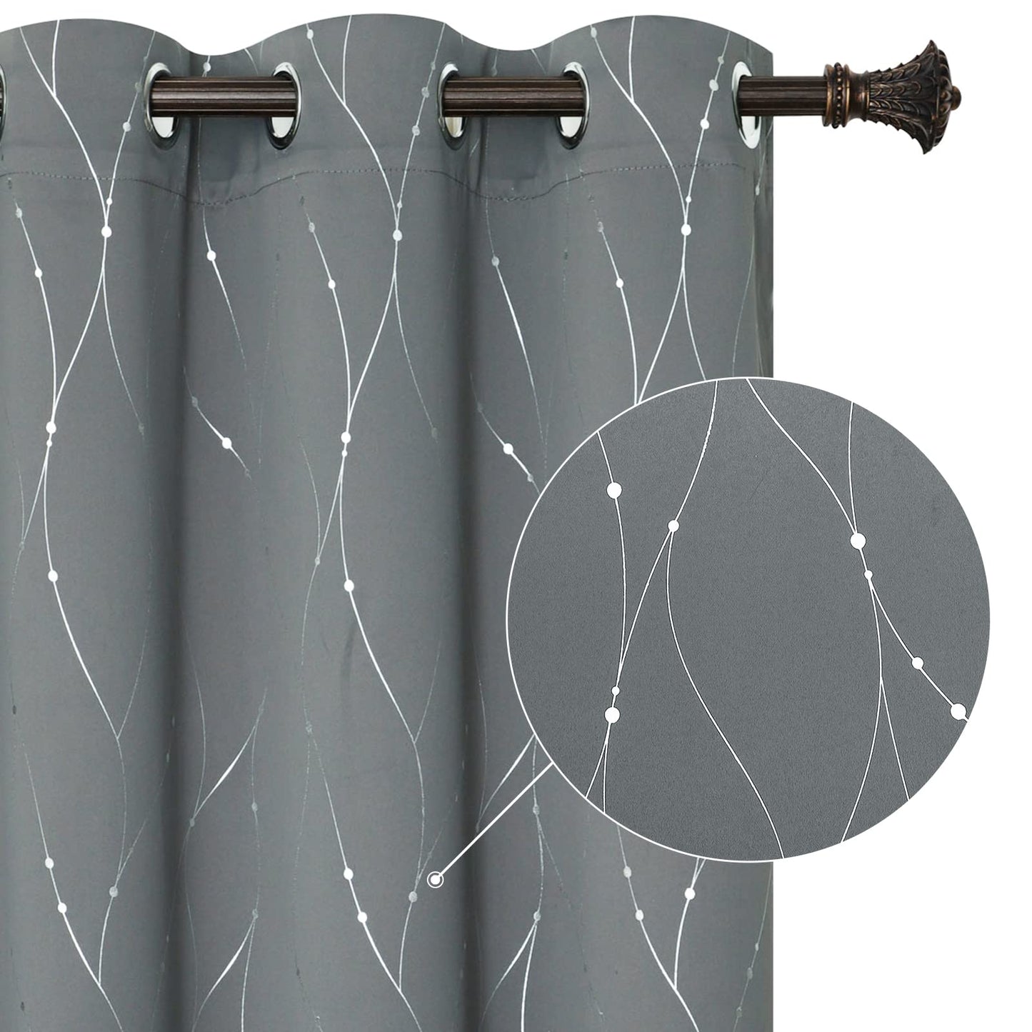 BUHUA Light Grey Blackout Curtains with Wave Line and Dots Printed Grommet Top Drapes Thermal Insulated Blackout Window Curtain for Bedroom Living Room 38W×45L Inch Lenght 2 Panels