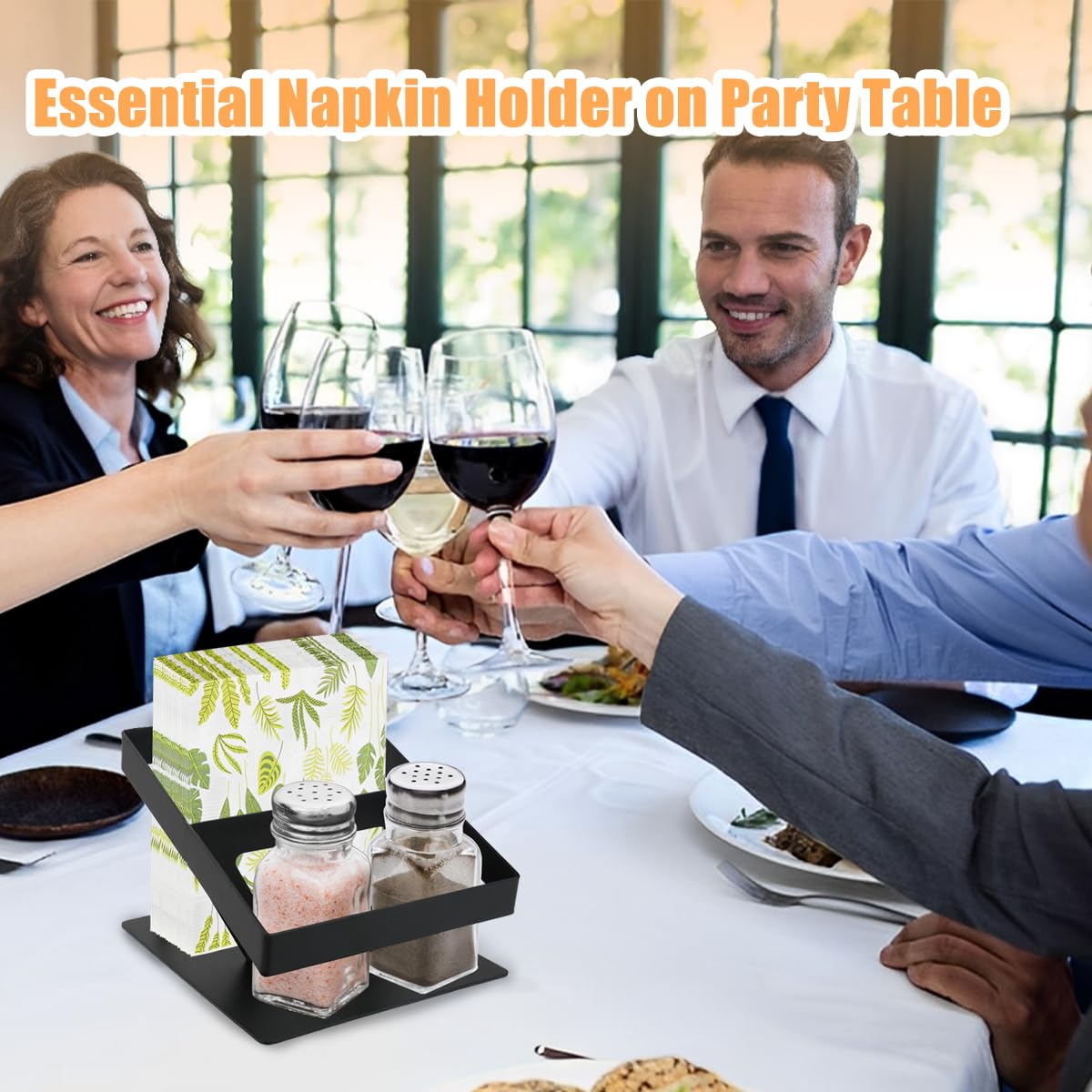 Napkin Holder for Table, SHAIDOJIO Metal Napkin Holder with Salt and Pepper Shakers Cadddy, Standing Paper Napkins Storage for Kitchen Dining Table Centerpiece Decor (Black)