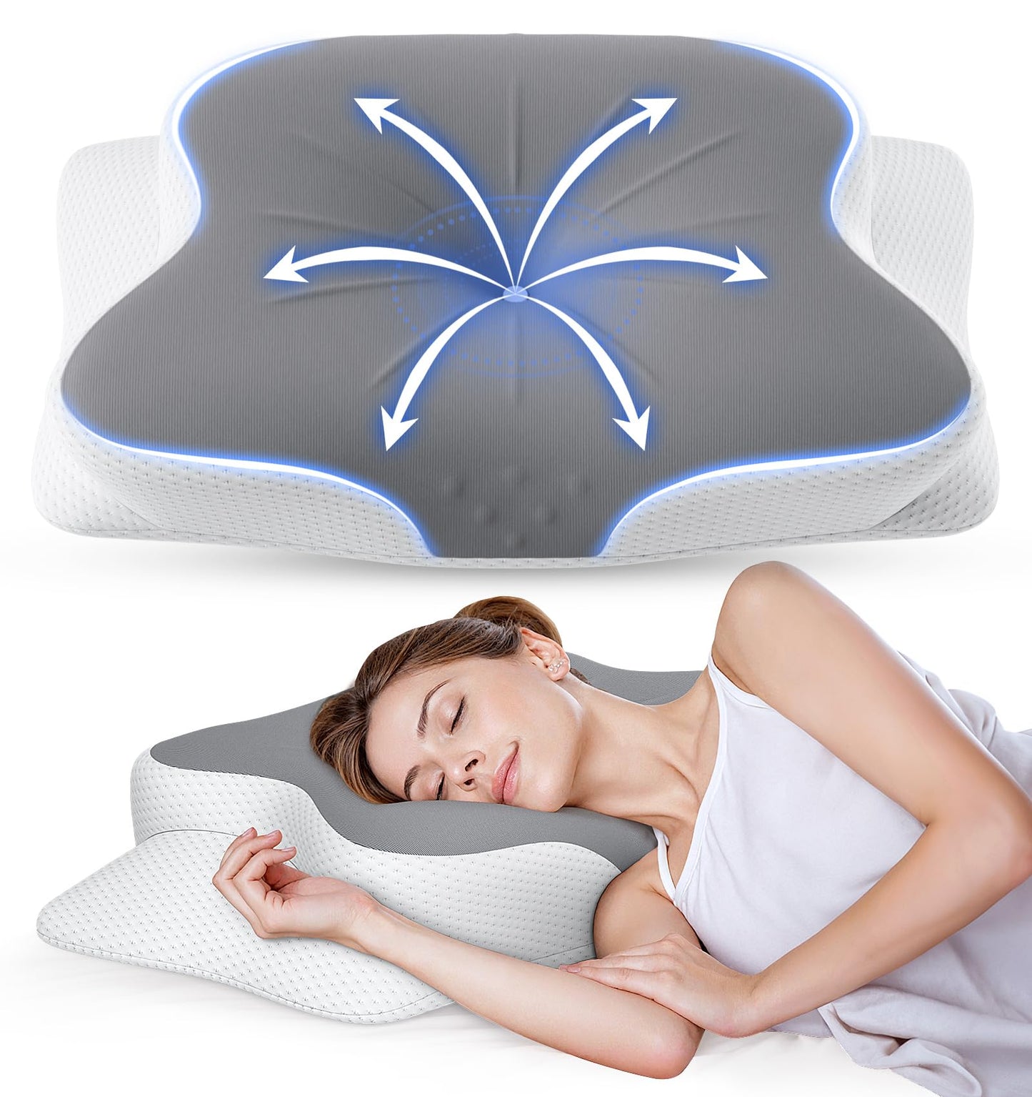 Cervical Pillow for Neck Pain Relief - Ergonomic Memory Foam Pillow with Cooling Case Orthopedic Support Side Sleeper Pillow for Pain Relief Support for Side Back Stomach Sleepers