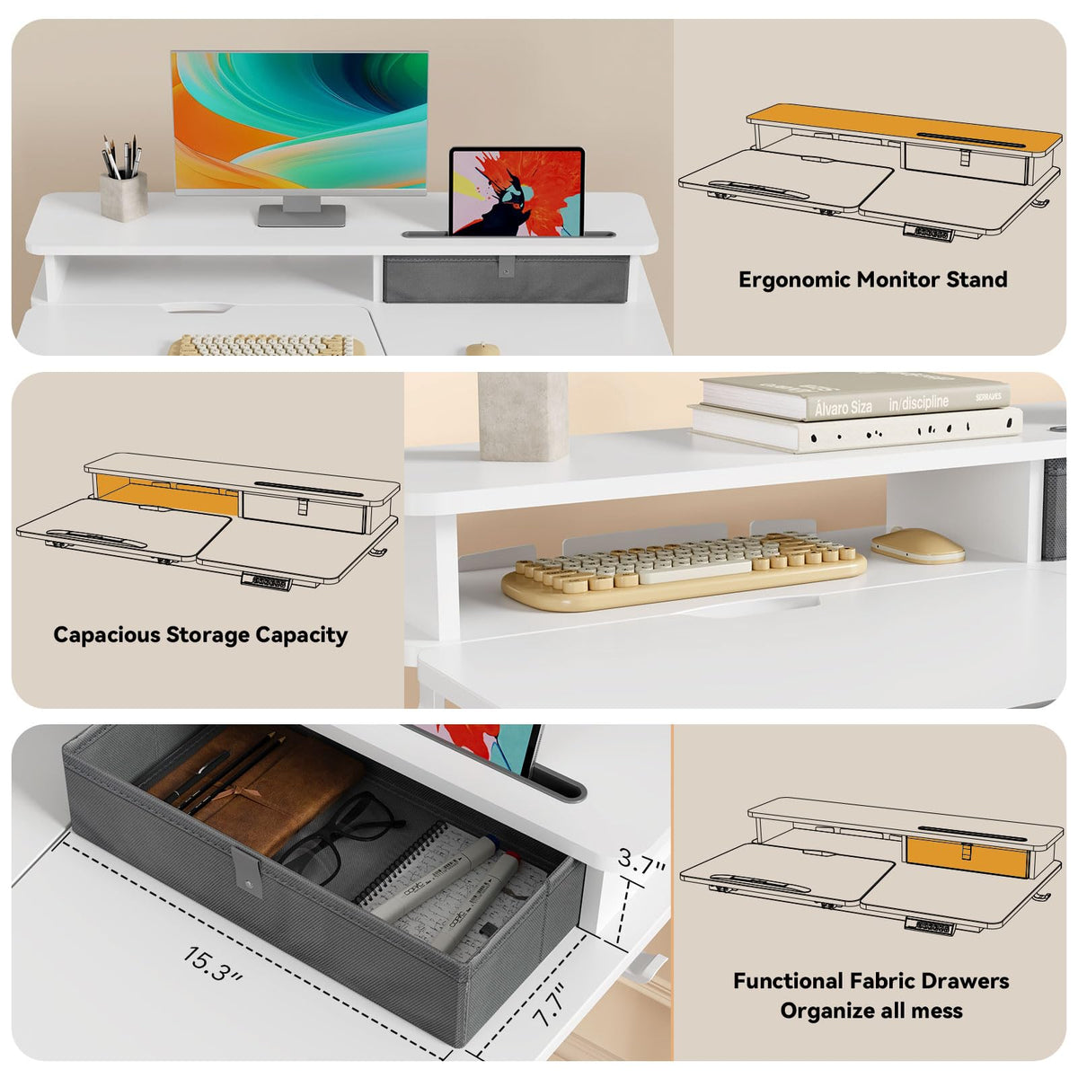 40 Inch Standing Desk, 60° Tiltable Electric Drafting Table Height Adjustable, Foldable Mobile Rising Desk with Drawer, Storage Shelf, Flippable Art Table on Wheels for Kids’ Drawing, White