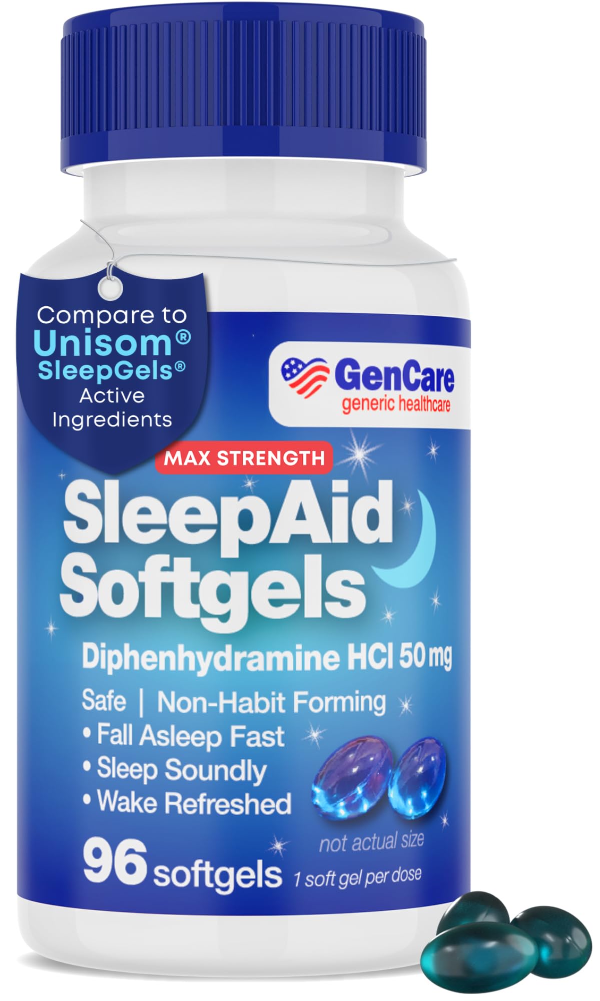 GenCare Maximum Strength Nighttime Sleep Aid Supplement for Adults Deep Sleep Pills with Diphenhydramine HCl 50mg to Fall Asleep Faster- Strong Non-Habit Forming PM Sleeping Relief [96 Softgels]