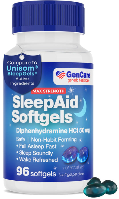 GenCare Maximum Strength Nighttime Sleep Aid Supplement for Adults Deep Sleep Pills with Diphenhydramine HCl 50mg to Fall Asleep Faster- Strong Non-Habit Forming PM Sleeping Relief [96 Softgels]