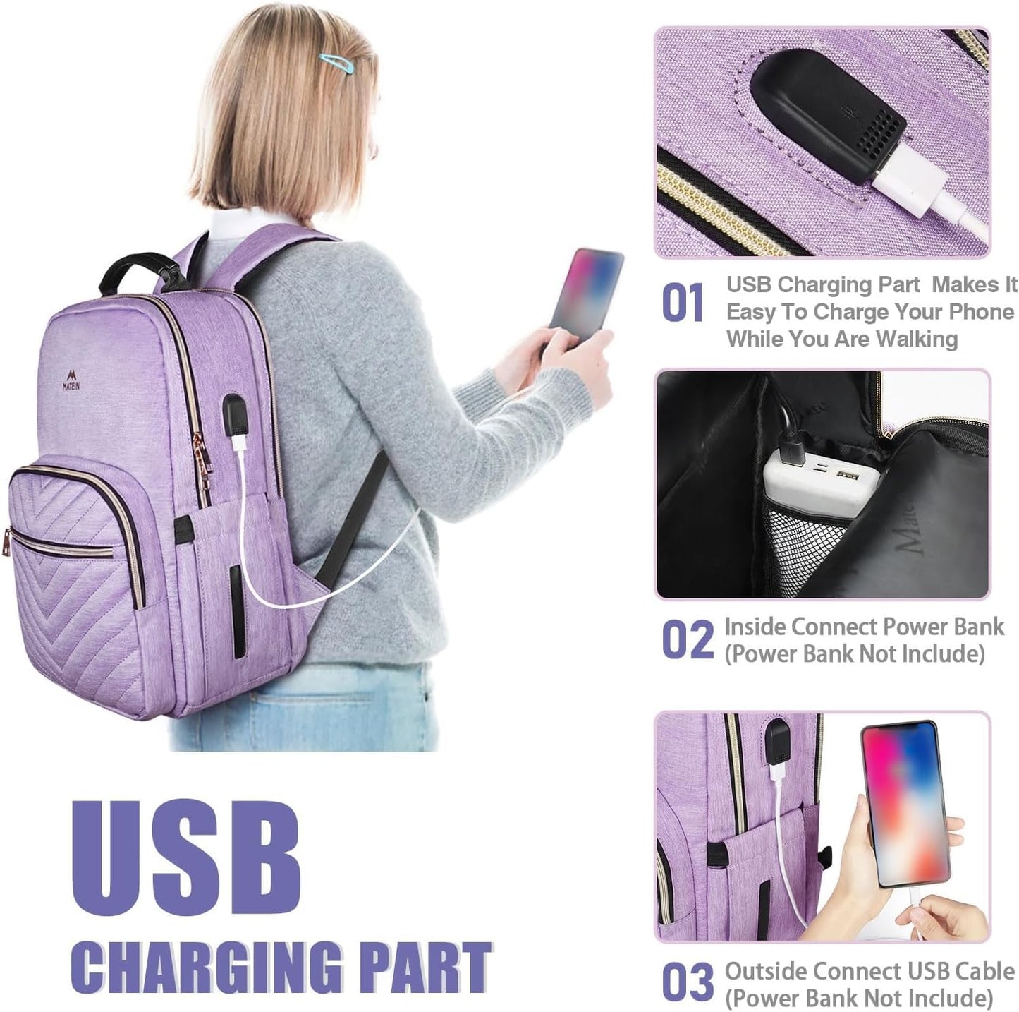 MATEIN Laptop Backpack for Women, School Backpack Bag 15.6 Inch Lightweight for Travel Work With USB Charging Port Waterproof, Anti theft Rucksack Girls Ladies for University College Large, Purple