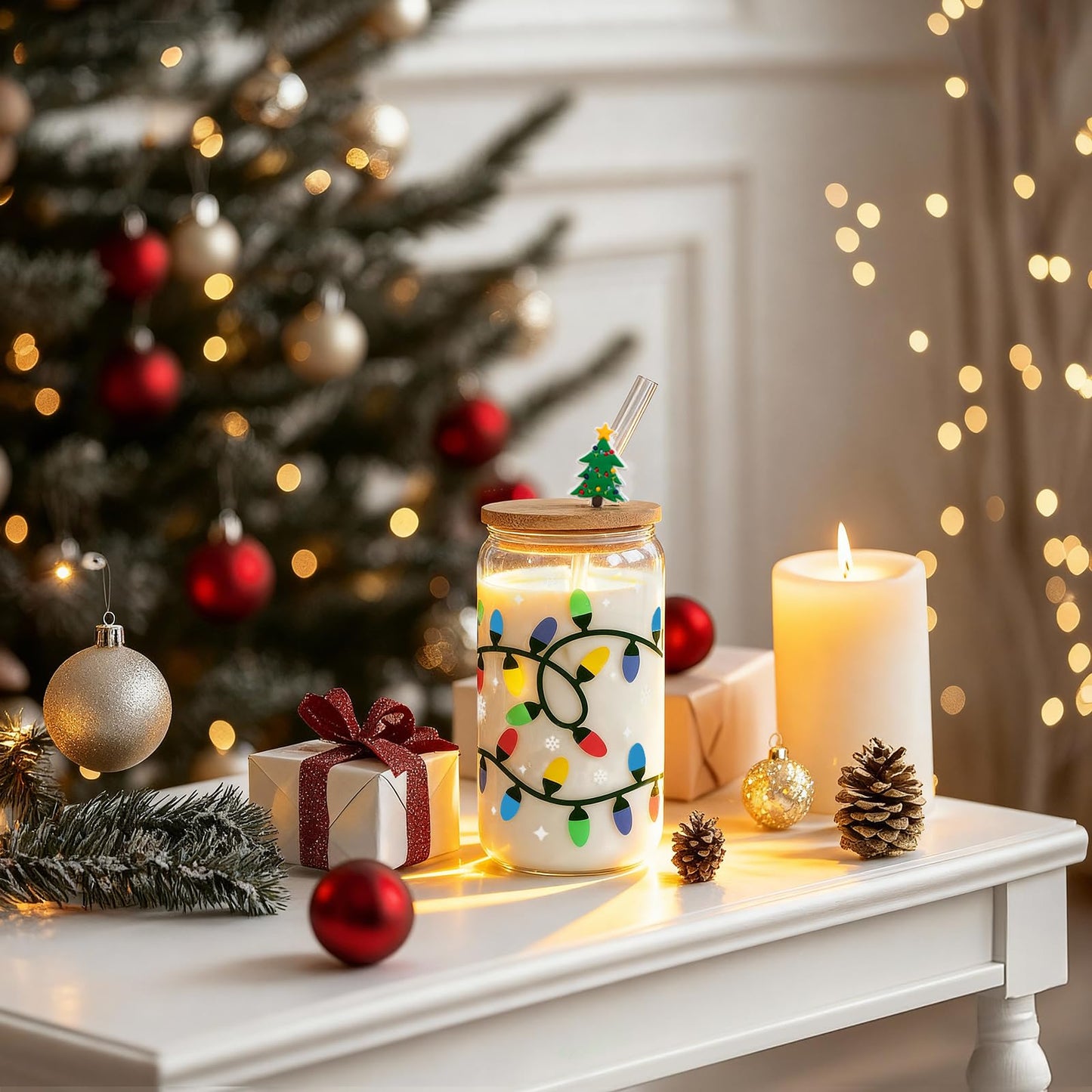 Joyseller Christmas Gifts, 18oz Color Changing Christmas Lights Iced Coffee Can Glass, X-mas Glass Cup with Lid and Straw, Holiday Tumbler