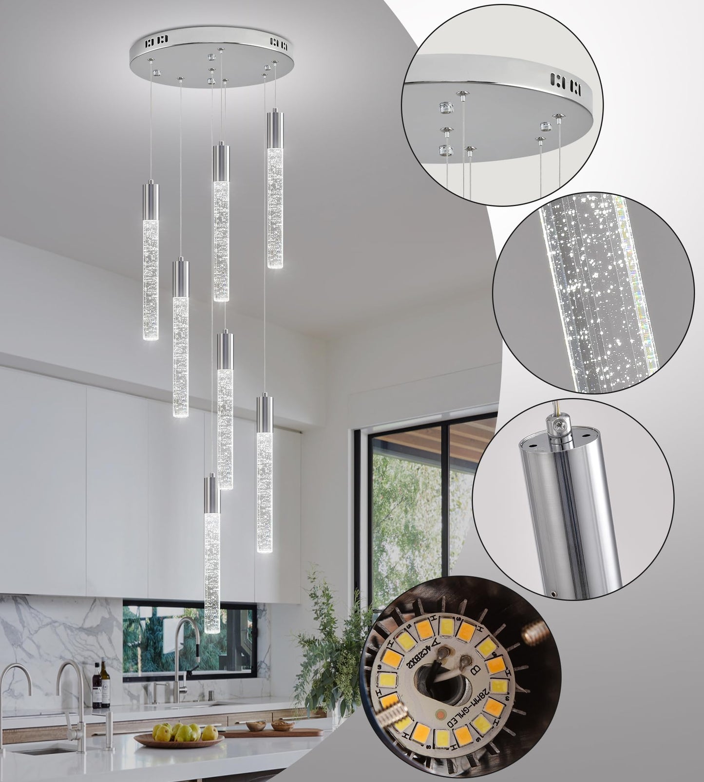 Upfelw Modern High Ceiling Crystal Chandelier 7-Lights, Spiral LED Raindrop Foyer Pendant Lighting, Bubble Staircase Living Room Hanging Light Fixture Flush Mount Chrome